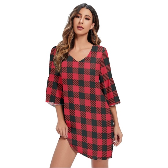 Black Red Buffalo Check Plaid V-Neck Bell Sleeve Sweet & Cute Shift Mini Dress - Picture 2 of 6